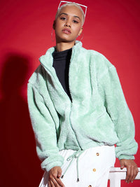 SASSAFRAS Stand Collar Faux Fur Trim Open Front Jacket