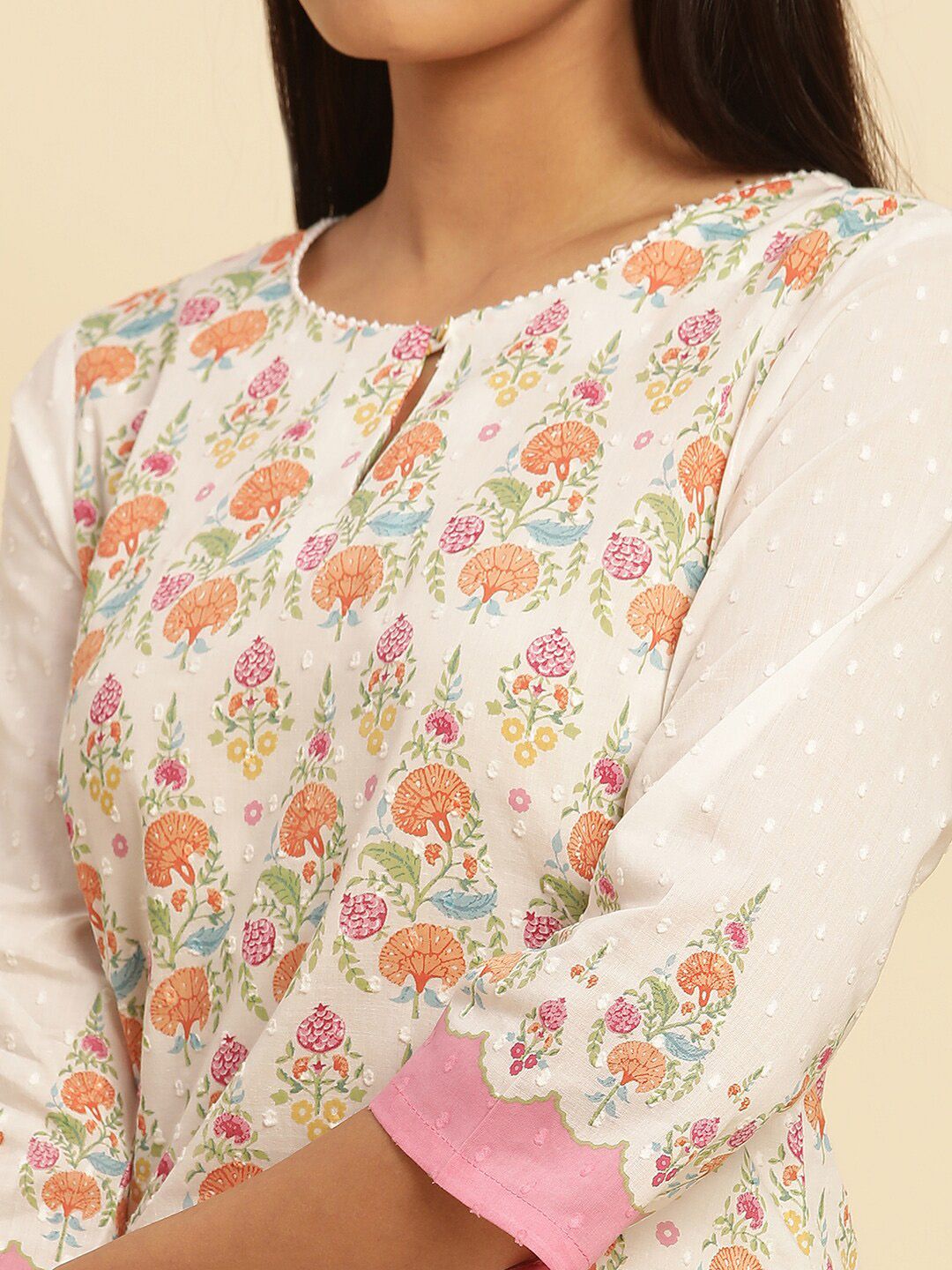 W Ethnic Motifs Printed Keyhole Neck Pure Cotton Straight Kurta