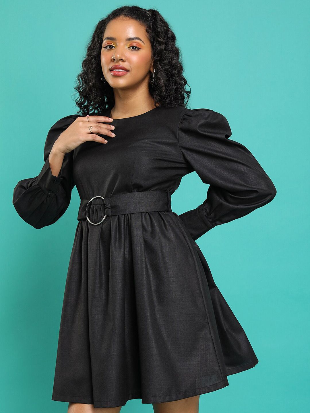 Tokyo Talkies Black Puff Sleeve Fit & Flare Dress