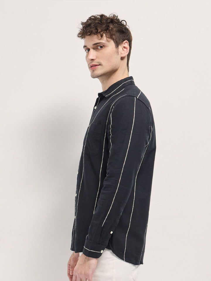 THE BEAR HOUSE Men Spread Collar Vertical Striped Cotton Casual Shirt
