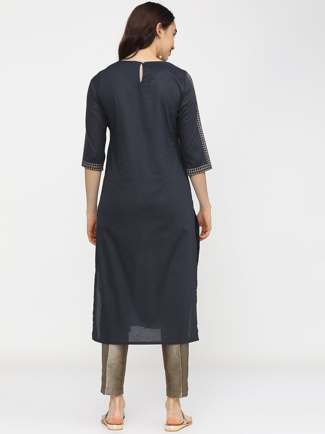 Vishudh Women Navy Blue Ethnic Motifs Yoke Design Flared Sleeves Mirror Work Kurta