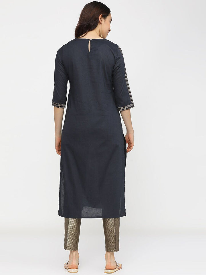 Vishudh Women Navy Blue Ethnic Motifs Yoke Design Flared Sleeves Mirror Work Kurta
