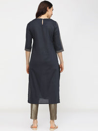 Vishudh Women Navy Blue Ethnic Motifs Yoke Design Flared Sleeves Mirror Work Kurta