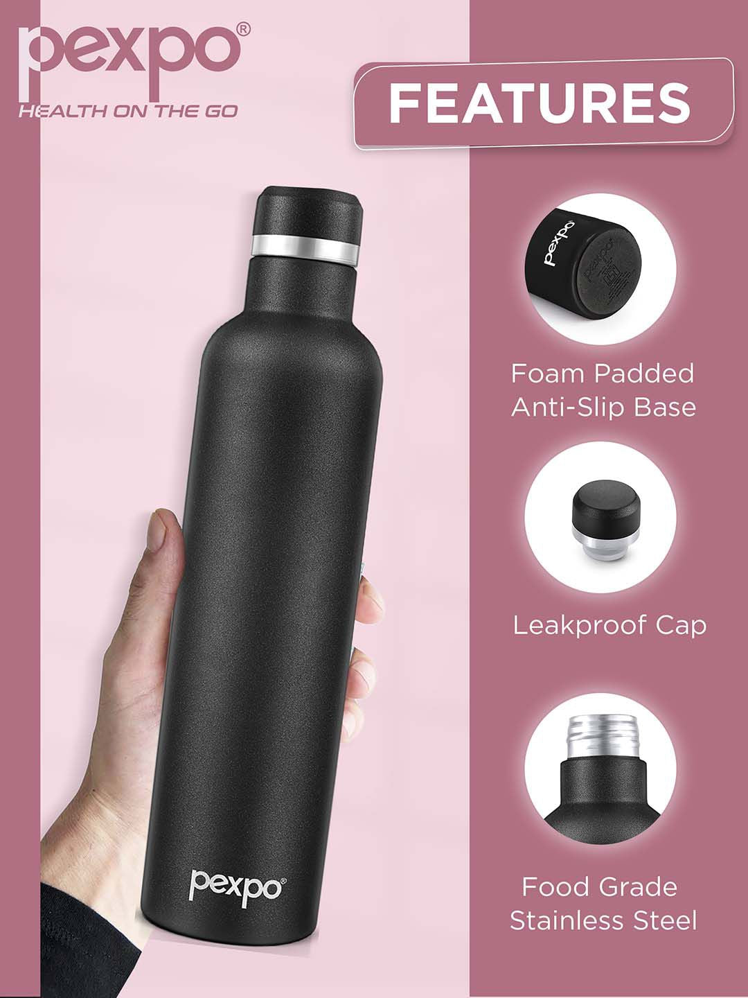 Pexpo Oreo Black ISI Certified Thermosteel 750ml Hot Knight Flask Water Bottle 750 ml