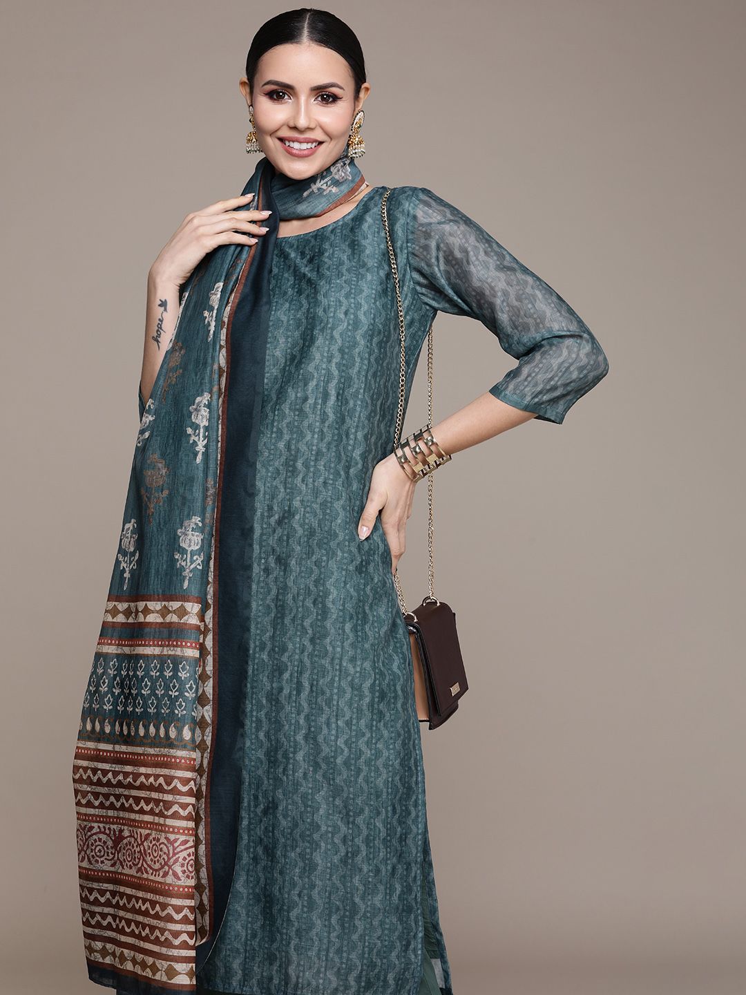 Anouk Women Teal Printed Regular Kurta with Trousers