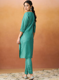 KALINI Sequinned Round Neck Thread Work Kurta With Trousers
