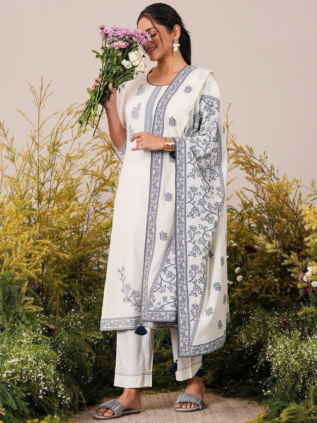 Libas Woven Design Regular Pure Cotton Kurta with Trousers &  Dupatta