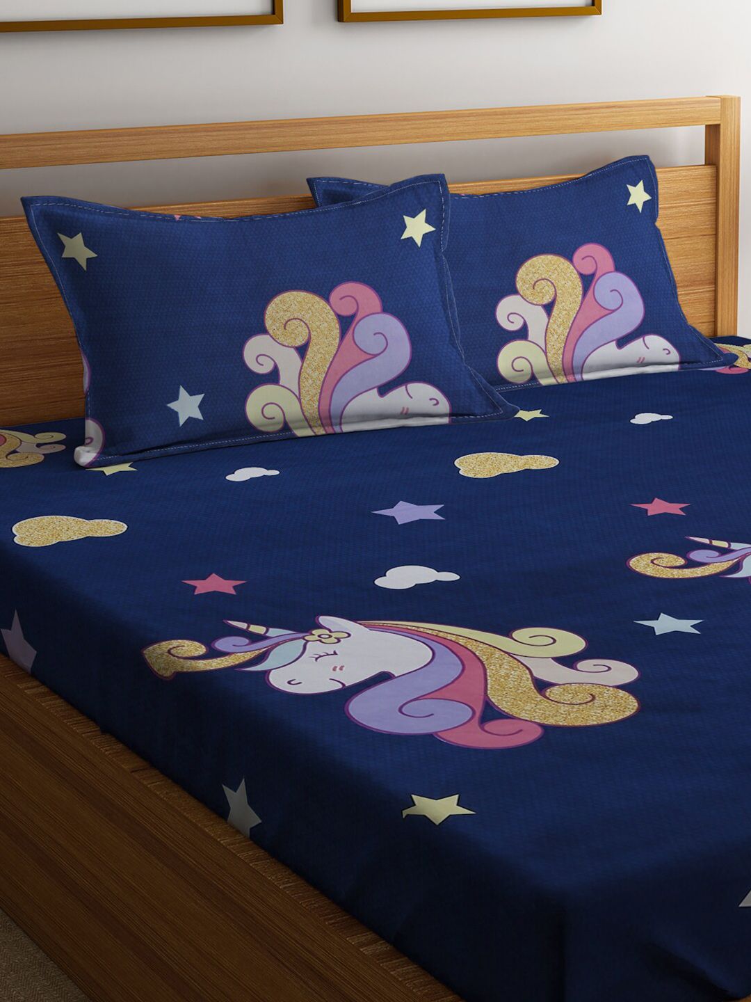 KLOTTHE Blue Conversational Polycotton 300 TC Fitted King Fine Bedsheet with 2 Pillow Covers-250 x 225 cm