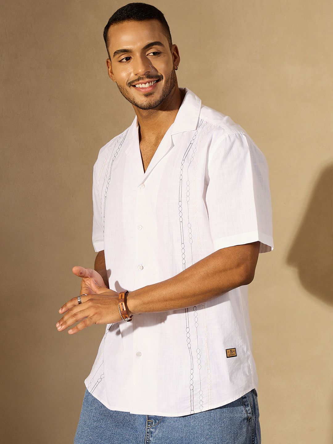 DENNISON Men Embroidered Oversized Cuban Collar Short Slevees Casual Shirt