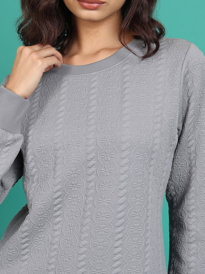 Tokyo Talkies Grey Self Design Long Sleeves Pullover