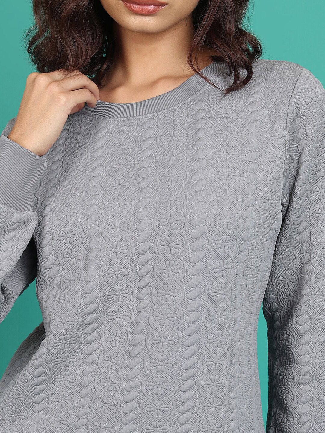 Tokyo Talkies Grey Self Design Long Sleeves Pullover