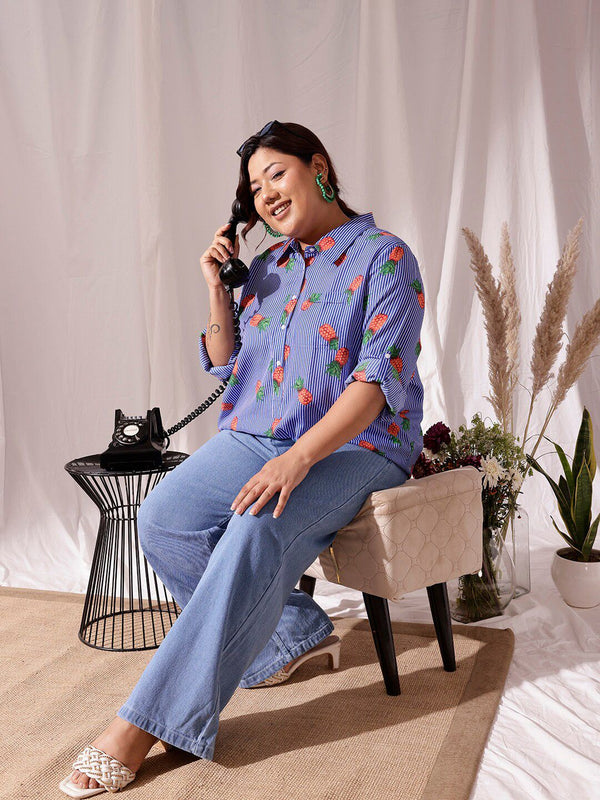 CURVY STREET Plus Size Comfort Striped Pure Cotton Casual Shirt