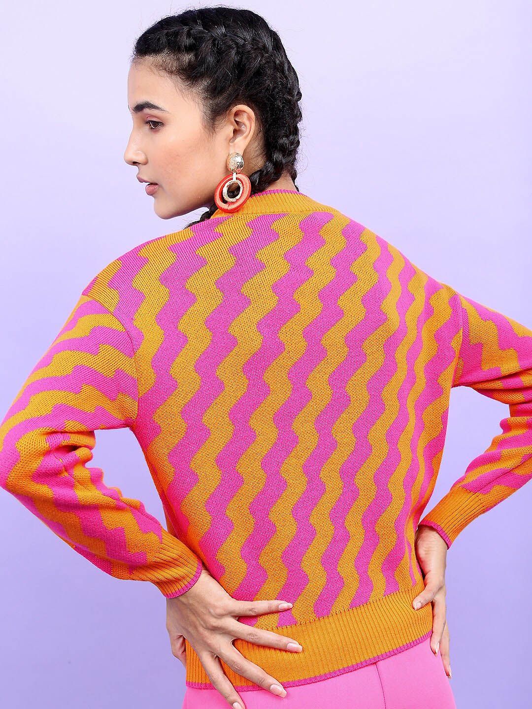Tokyo Talkies Women Orange & Pink Jacquard Pullover Sweater