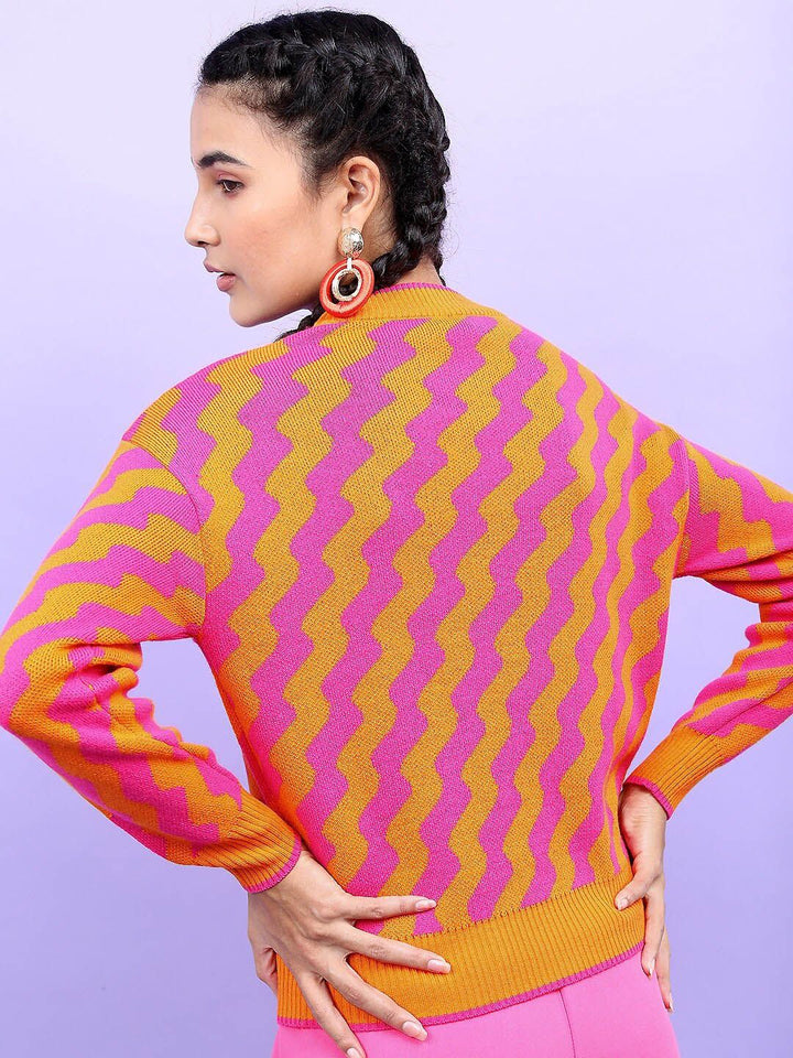 Tokyo Talkies Women Orange & Pink Jacquard Pullover Sweater