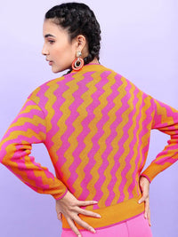 Tokyo Talkies Women Orange & Pink Jacquard Pullover Sweater