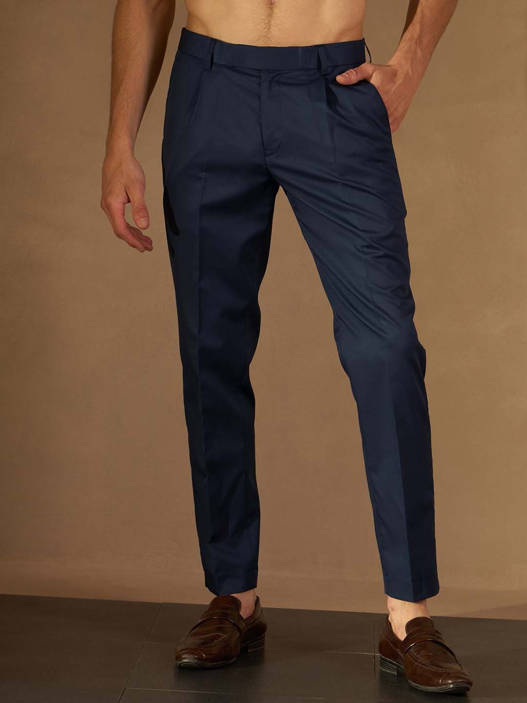DENNISON Men Navy Blue Solid Smart Tapered Fit Easy Wash Pleated Cotton Formal Trousers