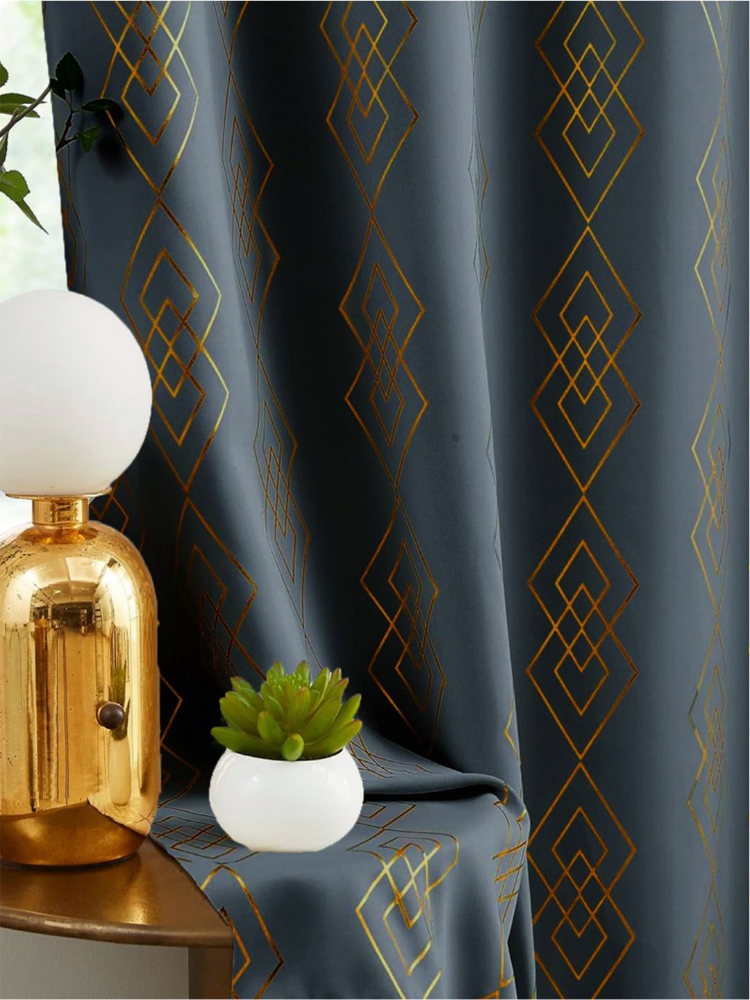 URBAN SPACE Grey & Gold-Toned Geometric Printed Black Out Long Door Curtain