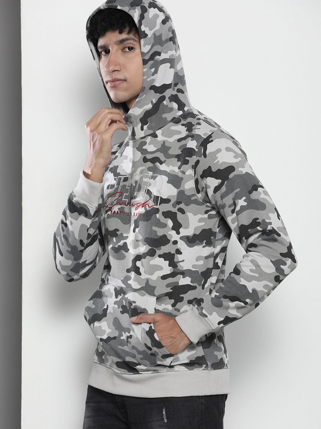 The Indian Garage Co Men Grey & Black Printed Hooded Sweatshirt