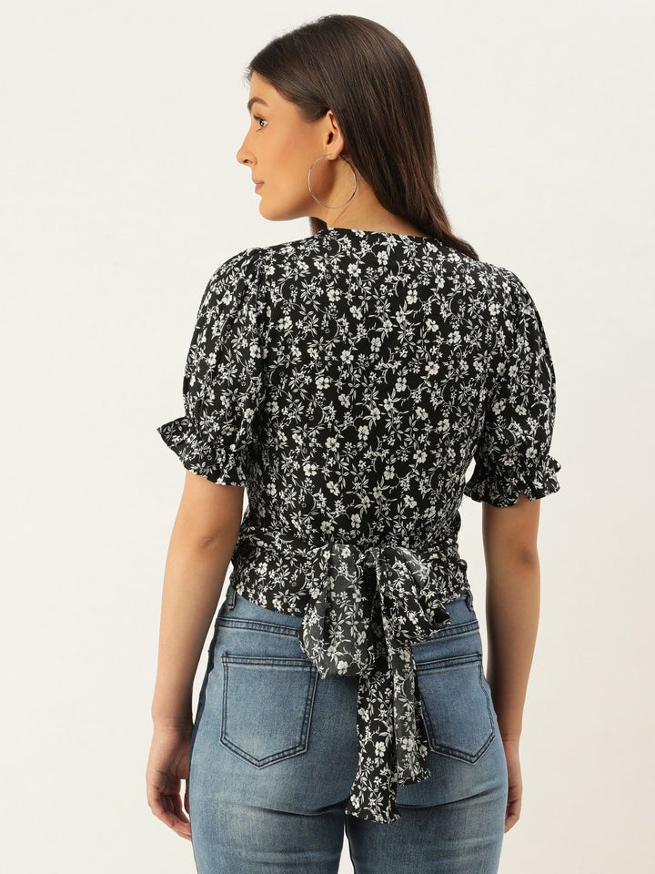 Berrylush Black & White Floral Printed Puff Sleeves Wrap Crop Top