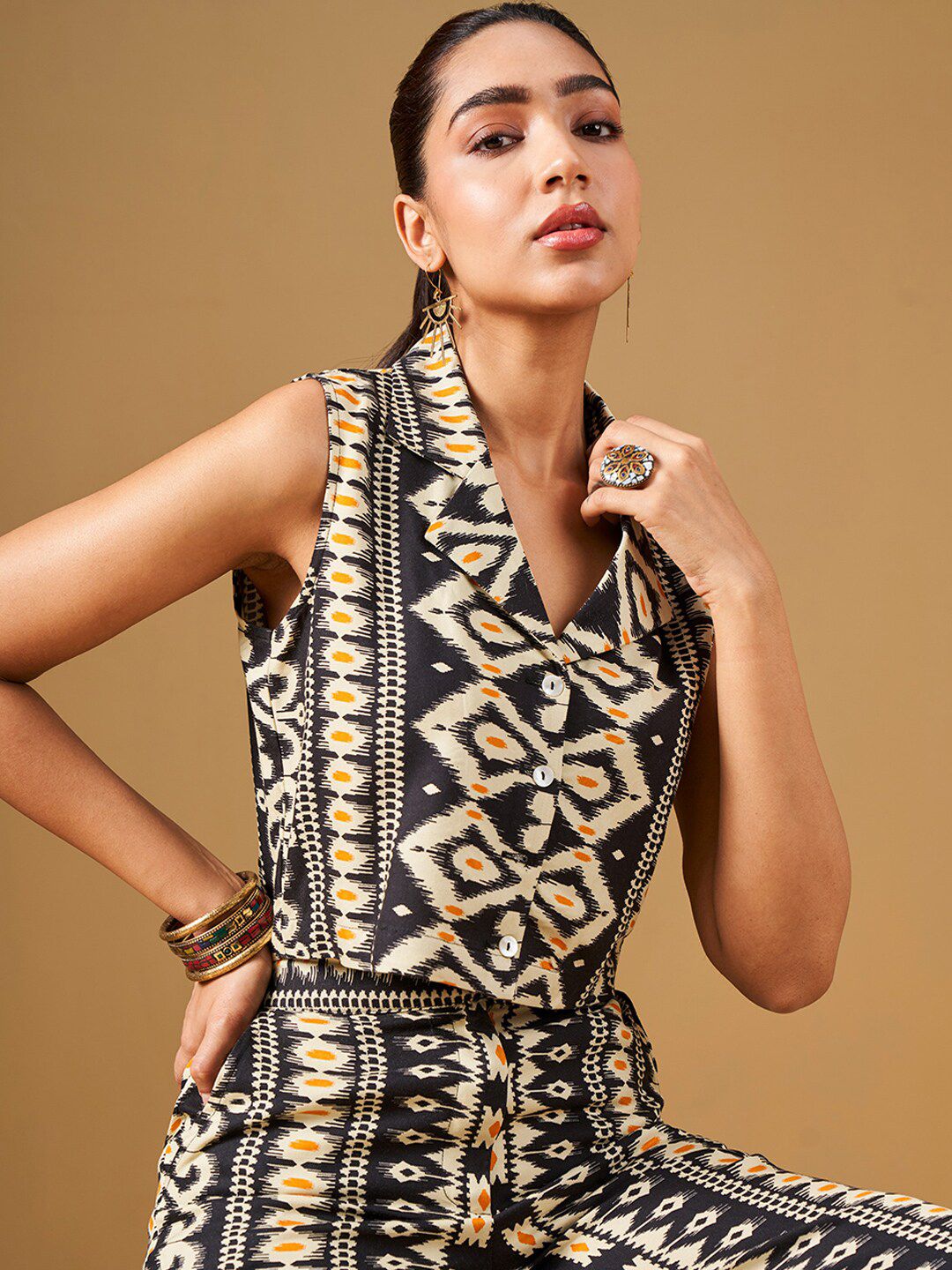 Global Desi Printed Lapel Collar Top & Palazzo