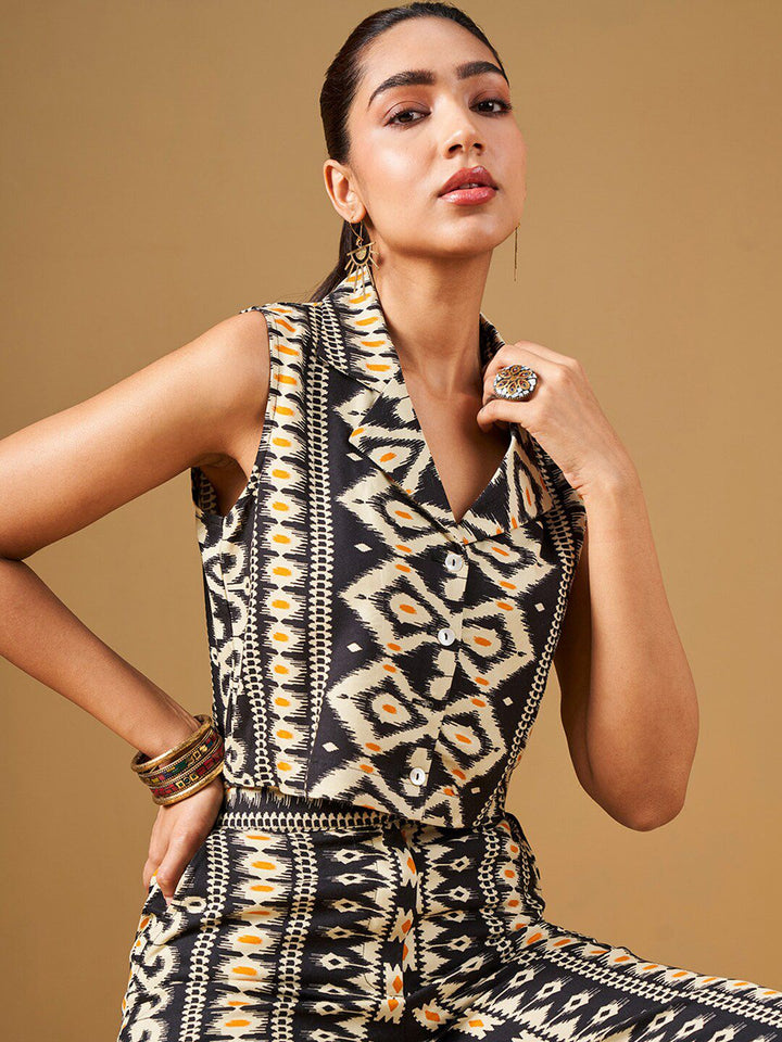 Global Desi Printed Lapel Collar Top & Palazzo