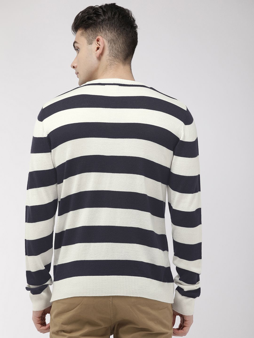 Raymond Men Navy Blue & White Striped Pullover Sweater