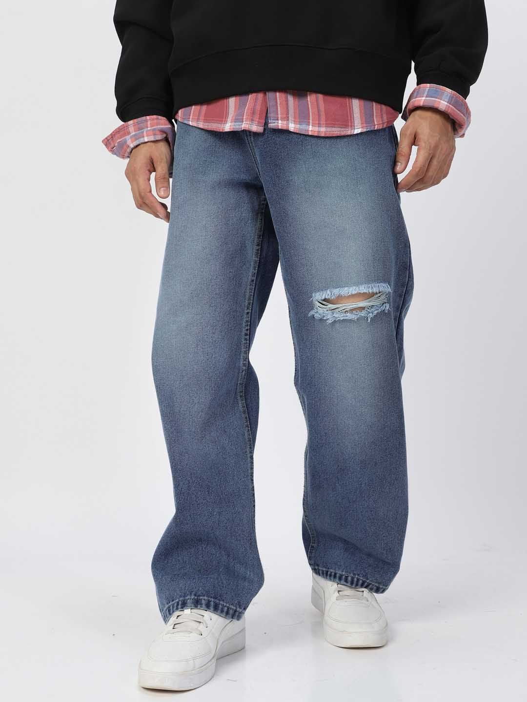 Urbano Fashion Men Pure Cotton Loose Relaxed Fit Slash Knee Heavy Fade Jeans