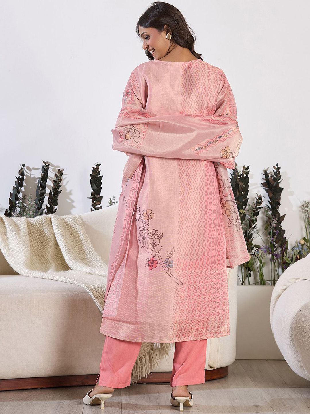 Indo Era Floral Printed Round Neck Straight Kurta With Trousers & Dupatta