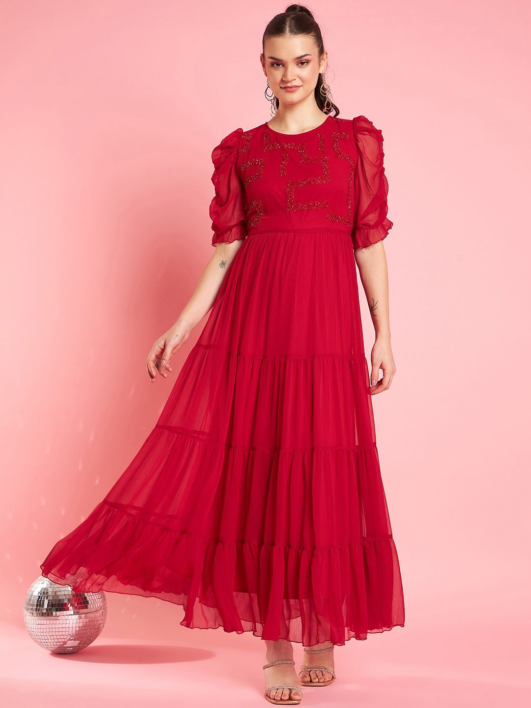 Antheaa Embellished Puff Sleeve Chiffon Maxi Dress