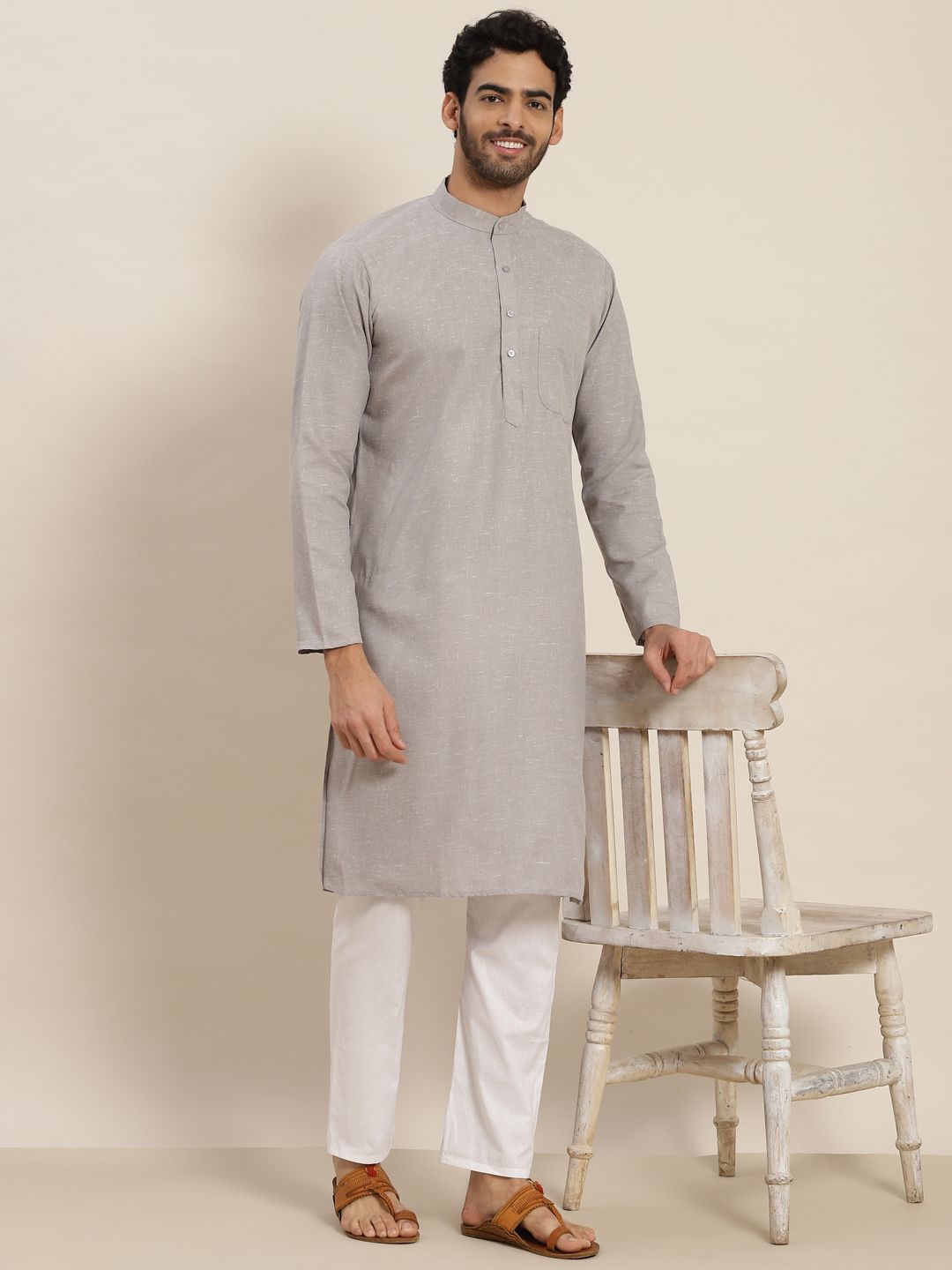 SOJANYA Lelaki Grey Dobby Cotton Linen Kurta