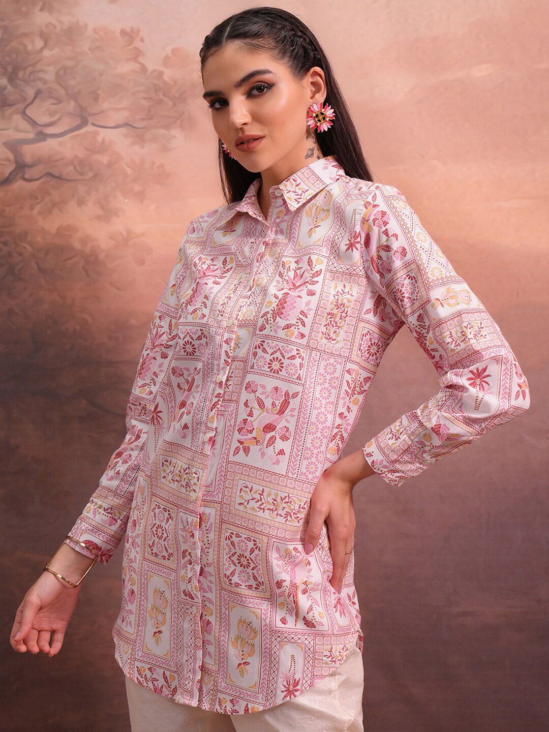 Vishudh Floral Printed Shirt Collar Ethnic Tunic
