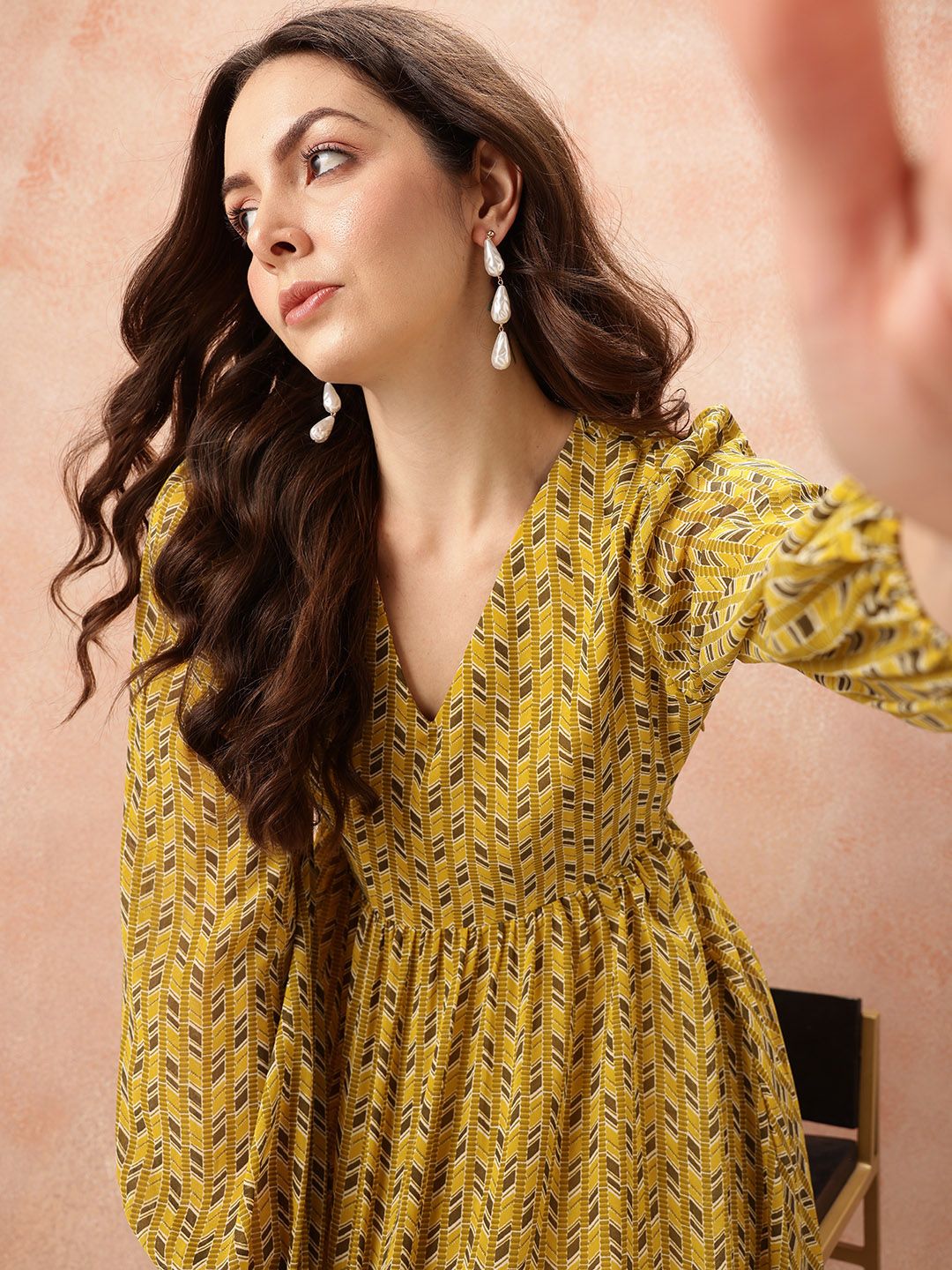 all about you Geometric Print Puff Sleeve Fit & Flare Midi Dress