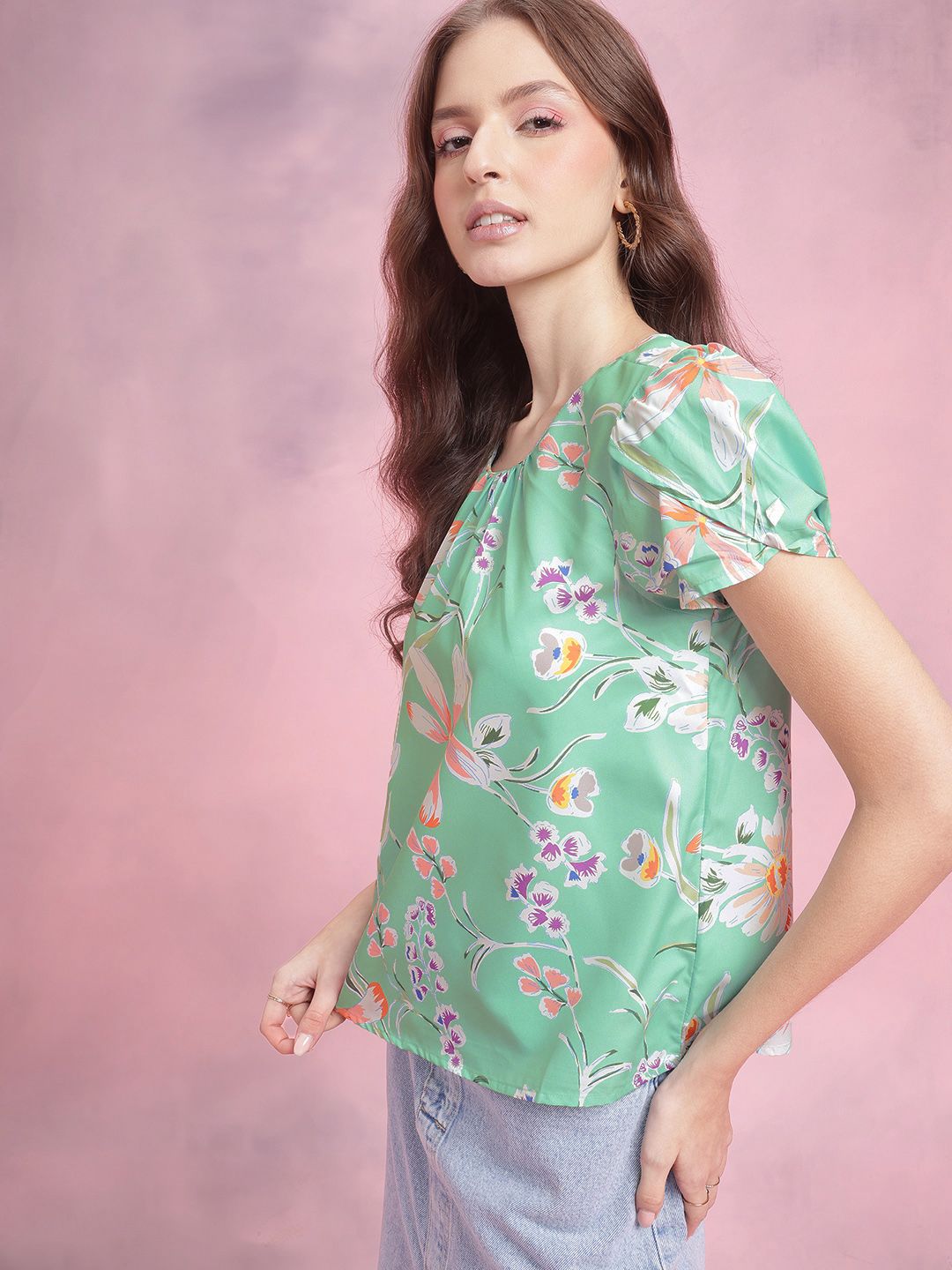 DressBerry Floral Print Puff Sleeves Top