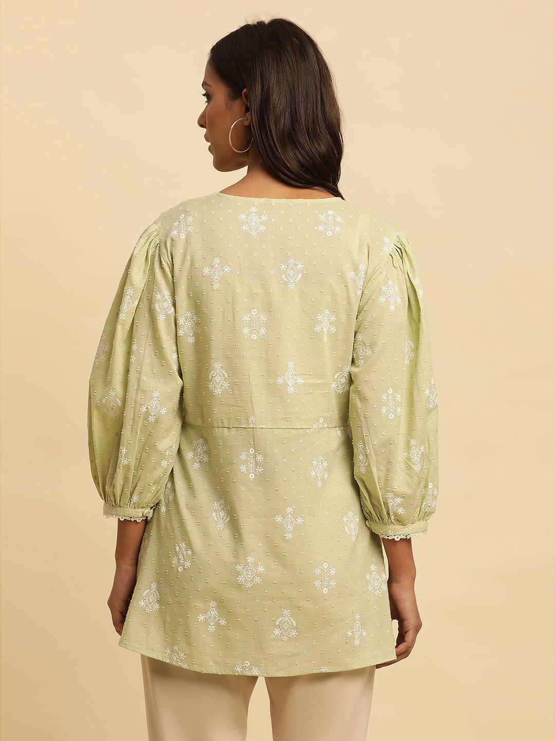 W Green & White Floral Printed Puff Sleeve Pure Cotton A-Line Top