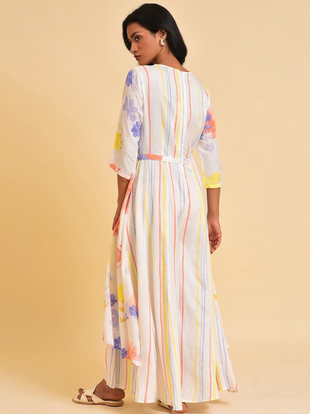 W White & Peach-Coloured Floral Printed Pleated Belted Culotte Jumpsuit
