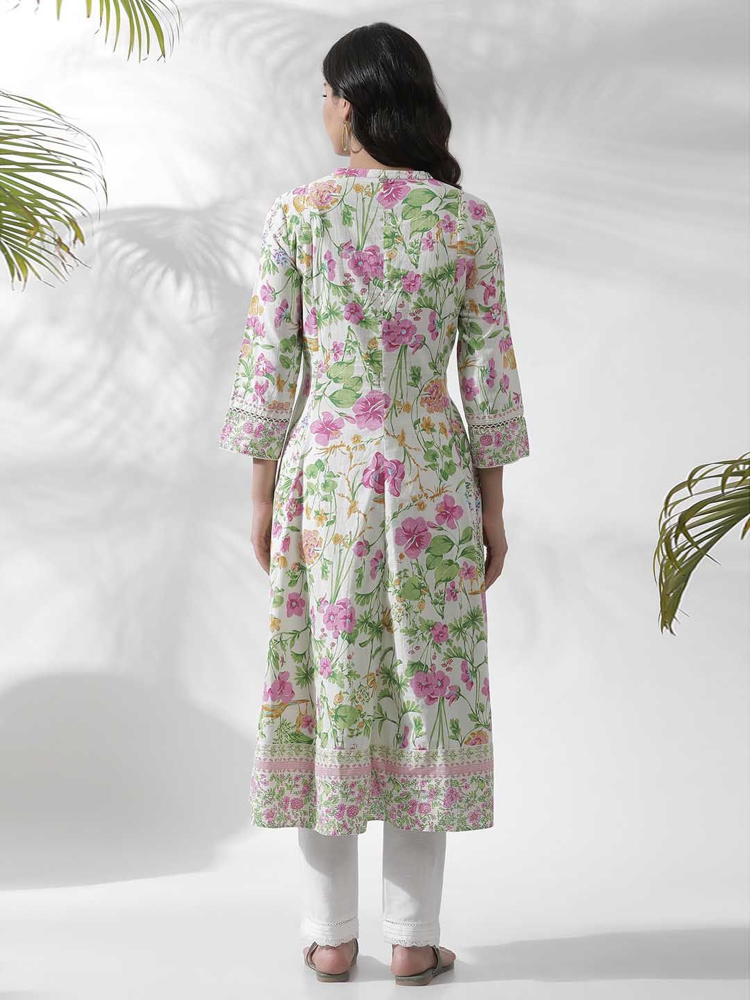 W Off white Floral Printed Cotton Kurta