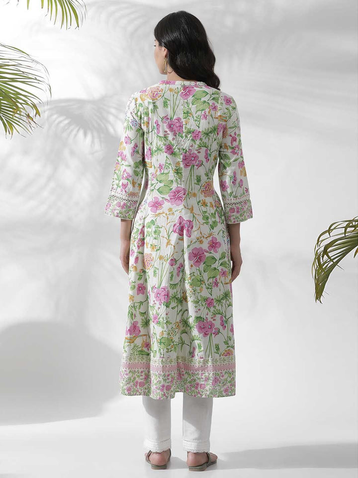 W Off white Floral Printed Cotton Kurta