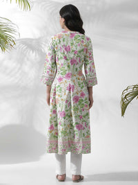 W Off white Floral Printed Cotton Kurta