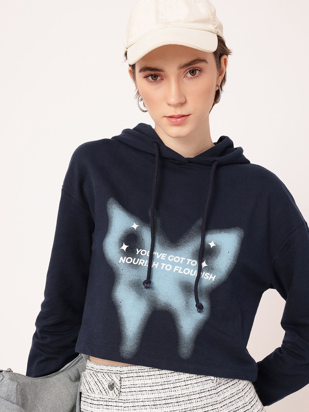 DressBerry Cotton Terry Boxy Crop Hooded Sweatshirt