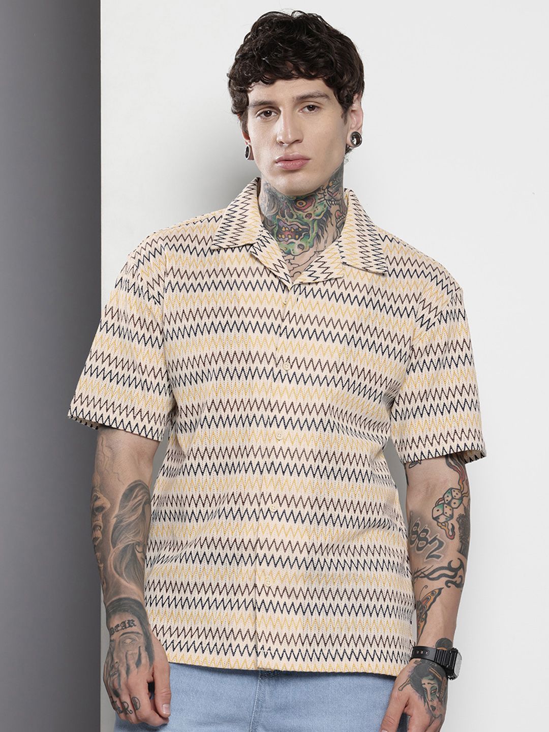 The Indian Garage Co Men Relaxed Fit Textured Lace Crochet Resort Wear Shirt