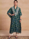 House of Chikankari Women Paisley Printed Extended Sleeves Thread Work Crepe Kaftan Kurta