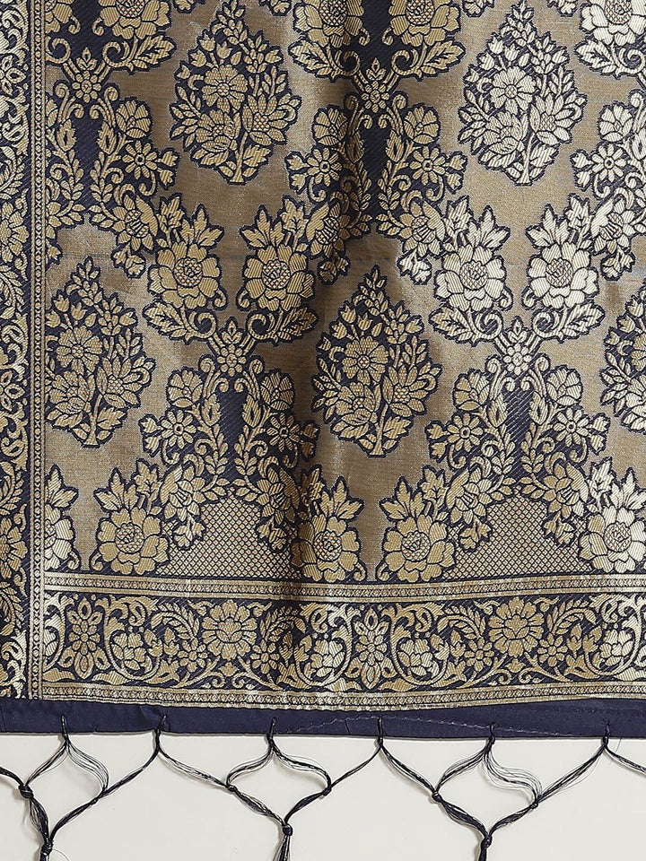 Saree mall Navy Blue & Golden Ethnic Floral Woven Design Banarasi Saree