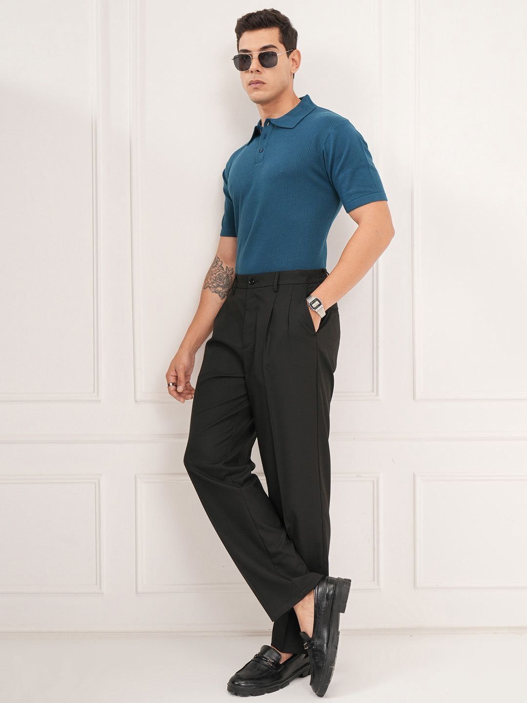 HIGHLANDER Men Textured Relaxed Fit Knitted Polo Collar T-shirt