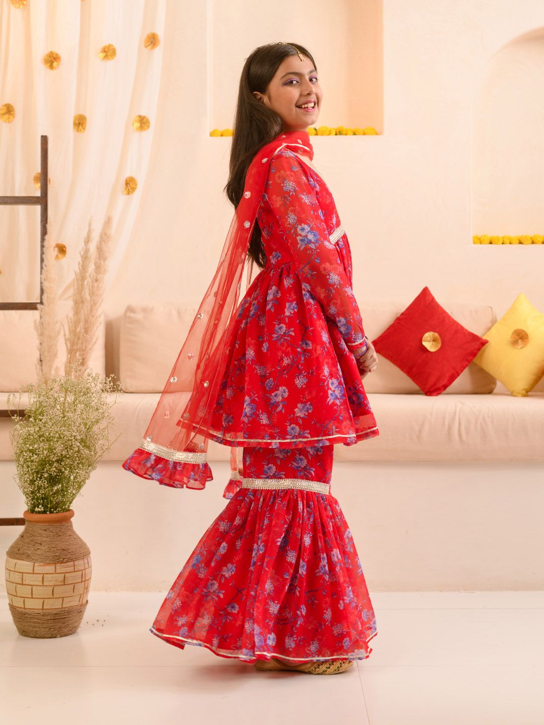 pspeaches Girls Floral Printed Regular A-Line Kurta & Sharara With Dupatta