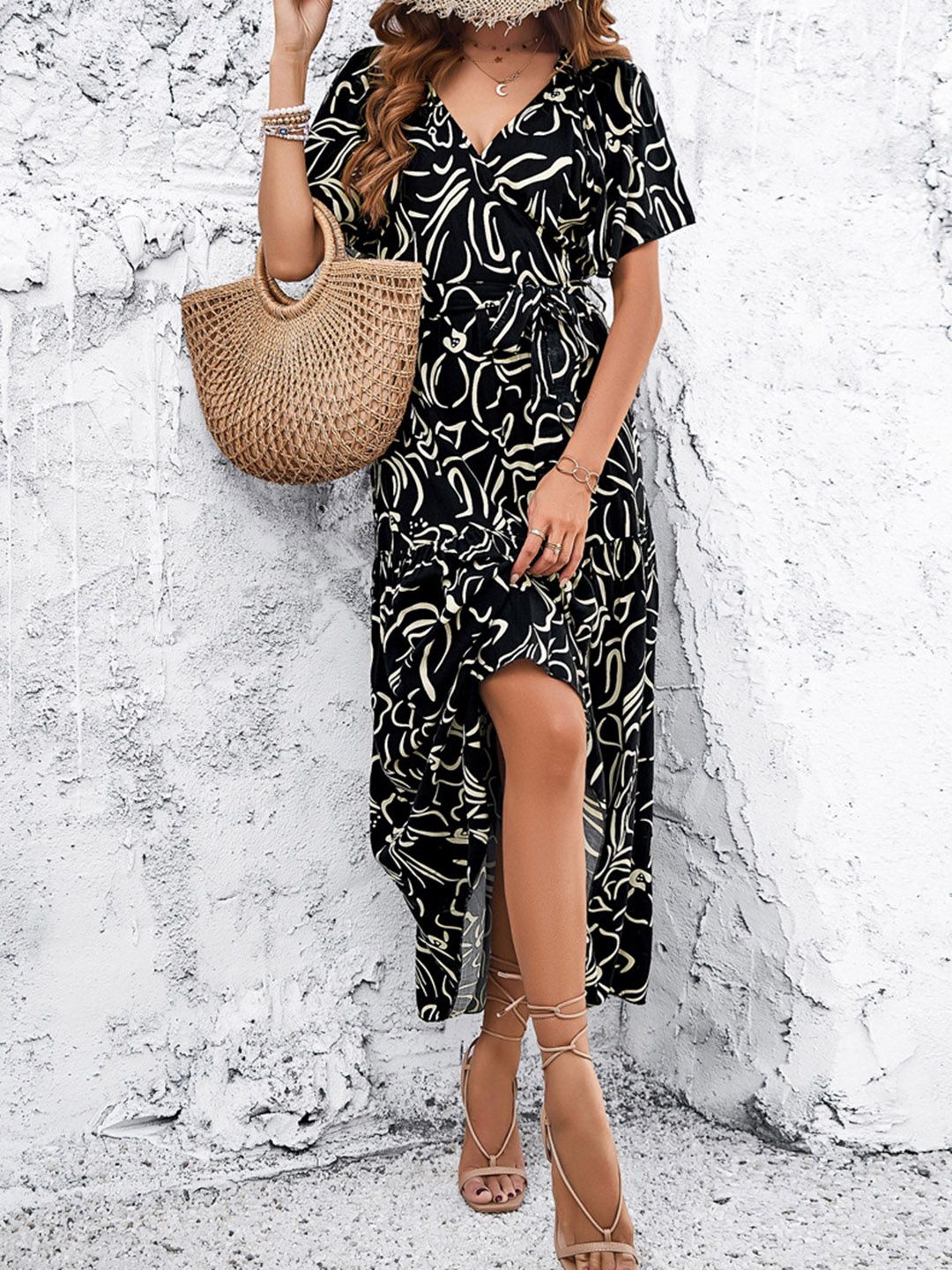 all about you Black Abstract Printed V-Neck Maxi Dresss