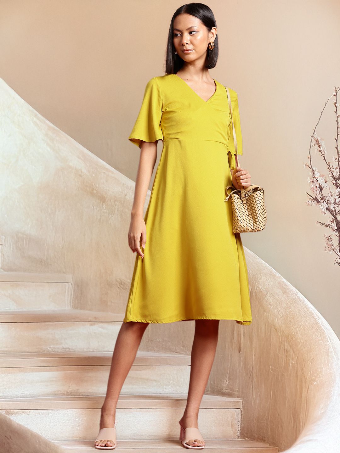 all about you Flutter Sleeves A-Line Knee Length Wrap Dress