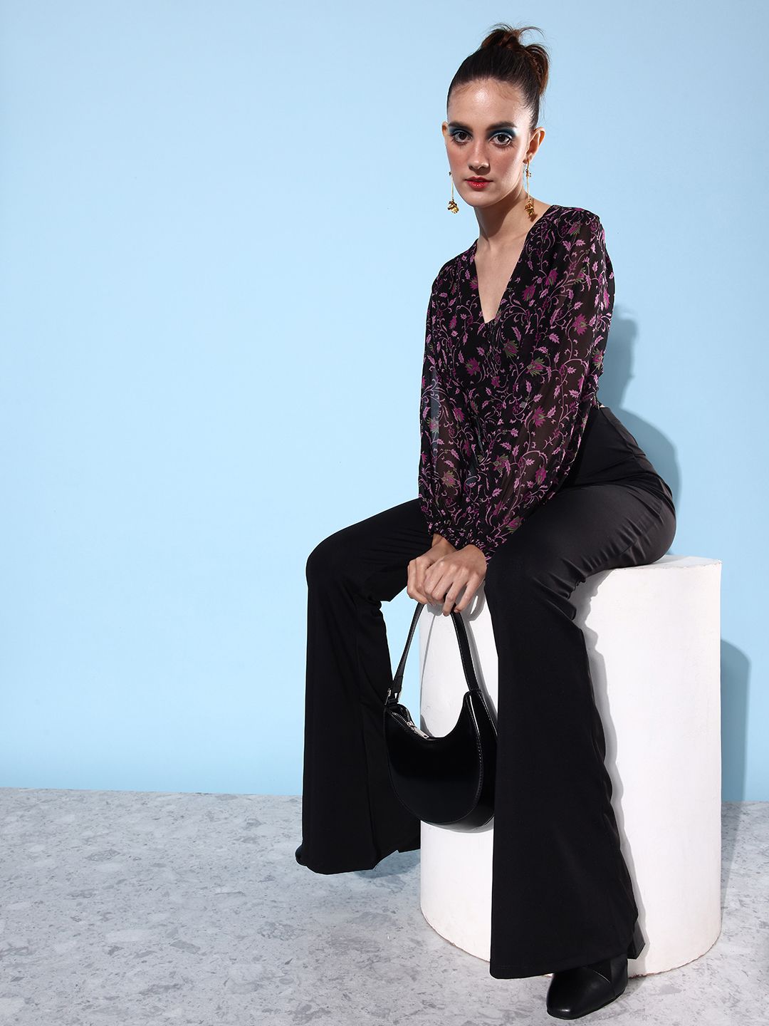 QUIERO Black & Pink Floral Print Bishop Sleeves Crop Top