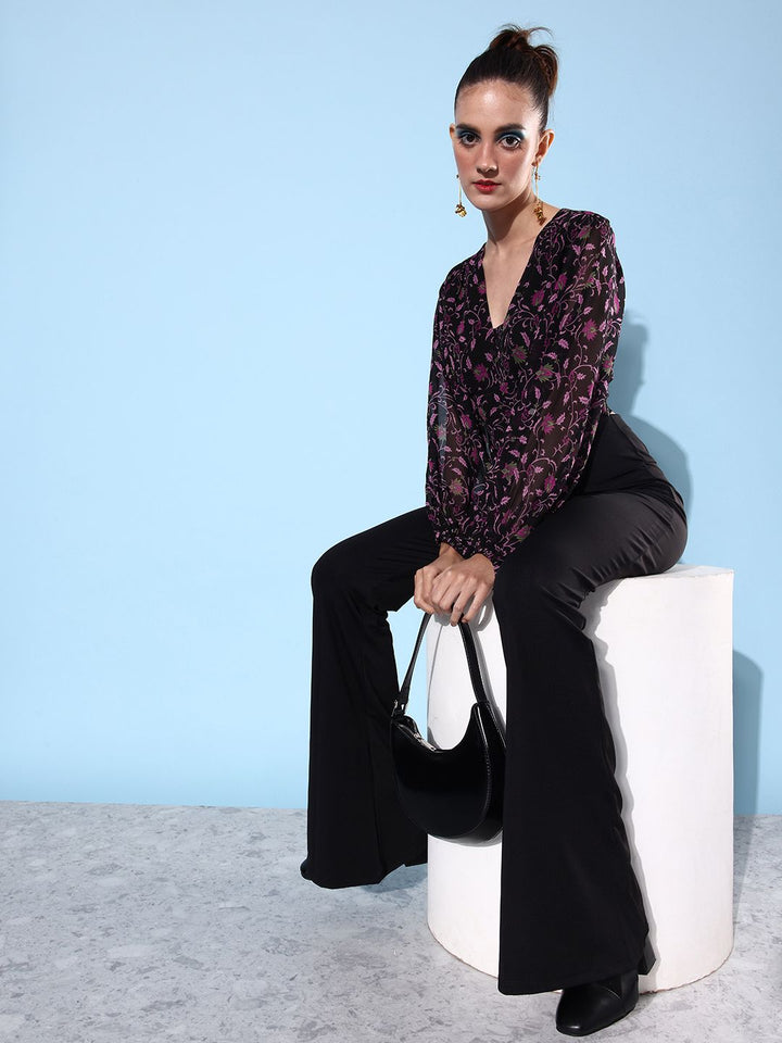 QUIERO Black & Pink Floral Print Bishop Sleeves Crop Top