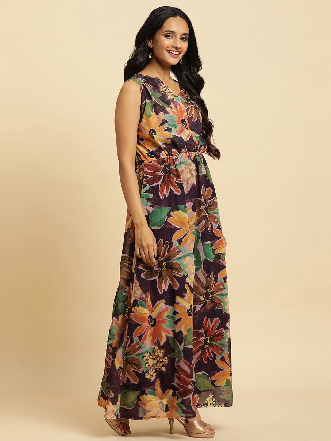W Floral Print V-Neck Sleeveless Maxi Dress