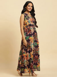 W Floral Print V-Neck Sleeveless Maxi Dress